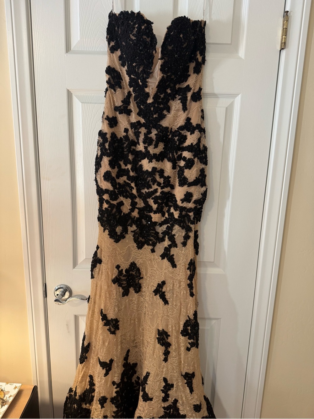 Sherri Hill StraplessBlack Appliqué Nude Evening Gown - Picture 2 of 8